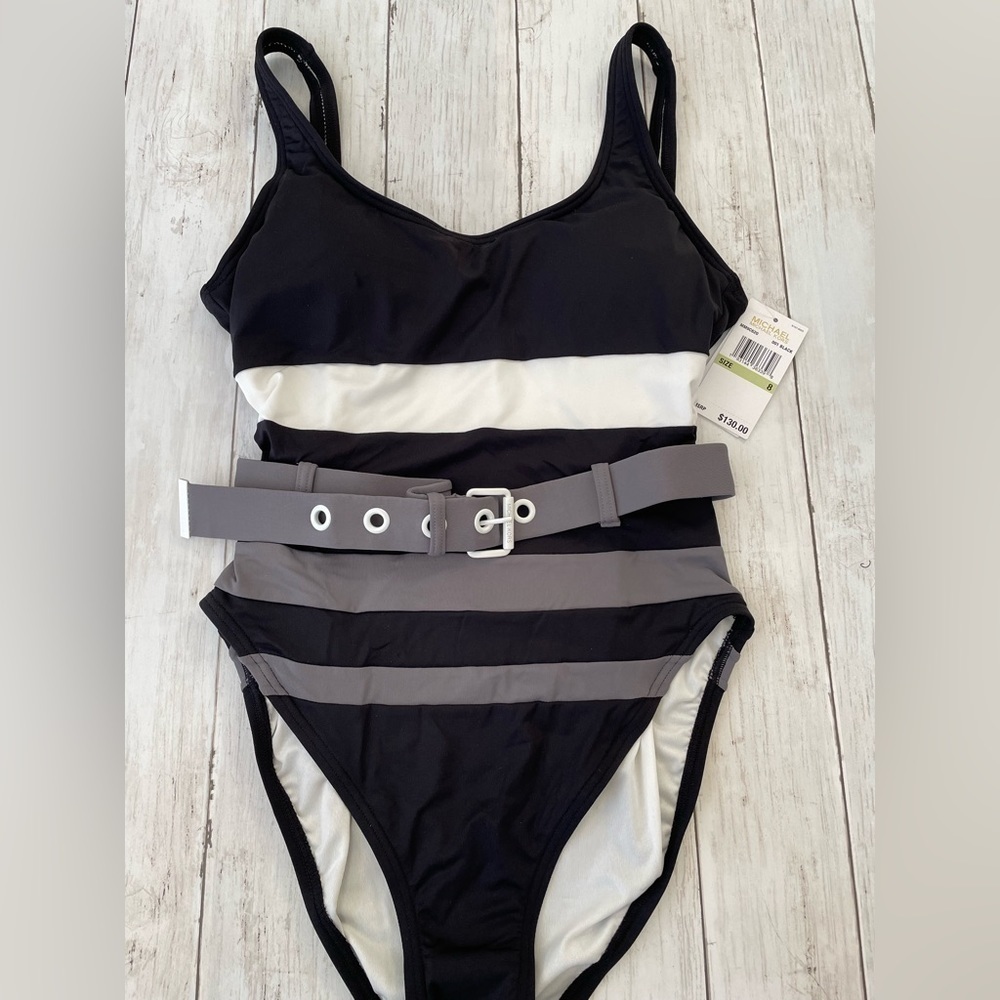 Michael Kors Bathing Suit womens 8 black white one piece color block minimalist